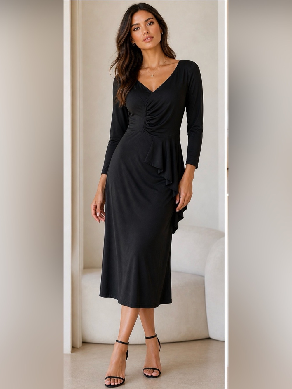 Black Long Sleeve Ruched V-Neck Dress with Side Ruffle Small‎